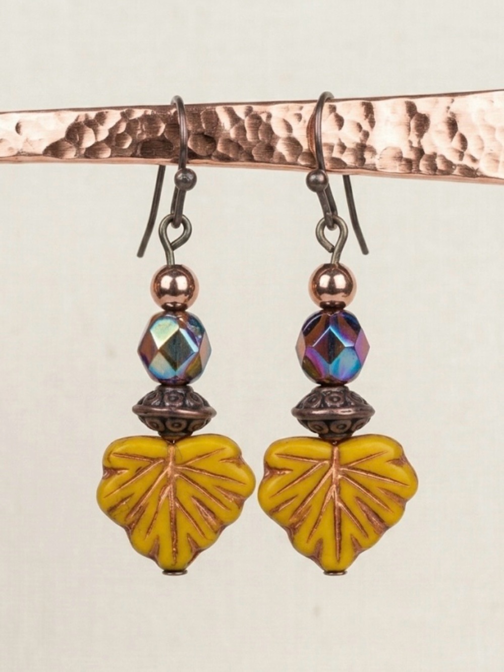 Hand Crafted Boho Czech Glass Yellow Leaf Drop Earrings Antique Copper NWT